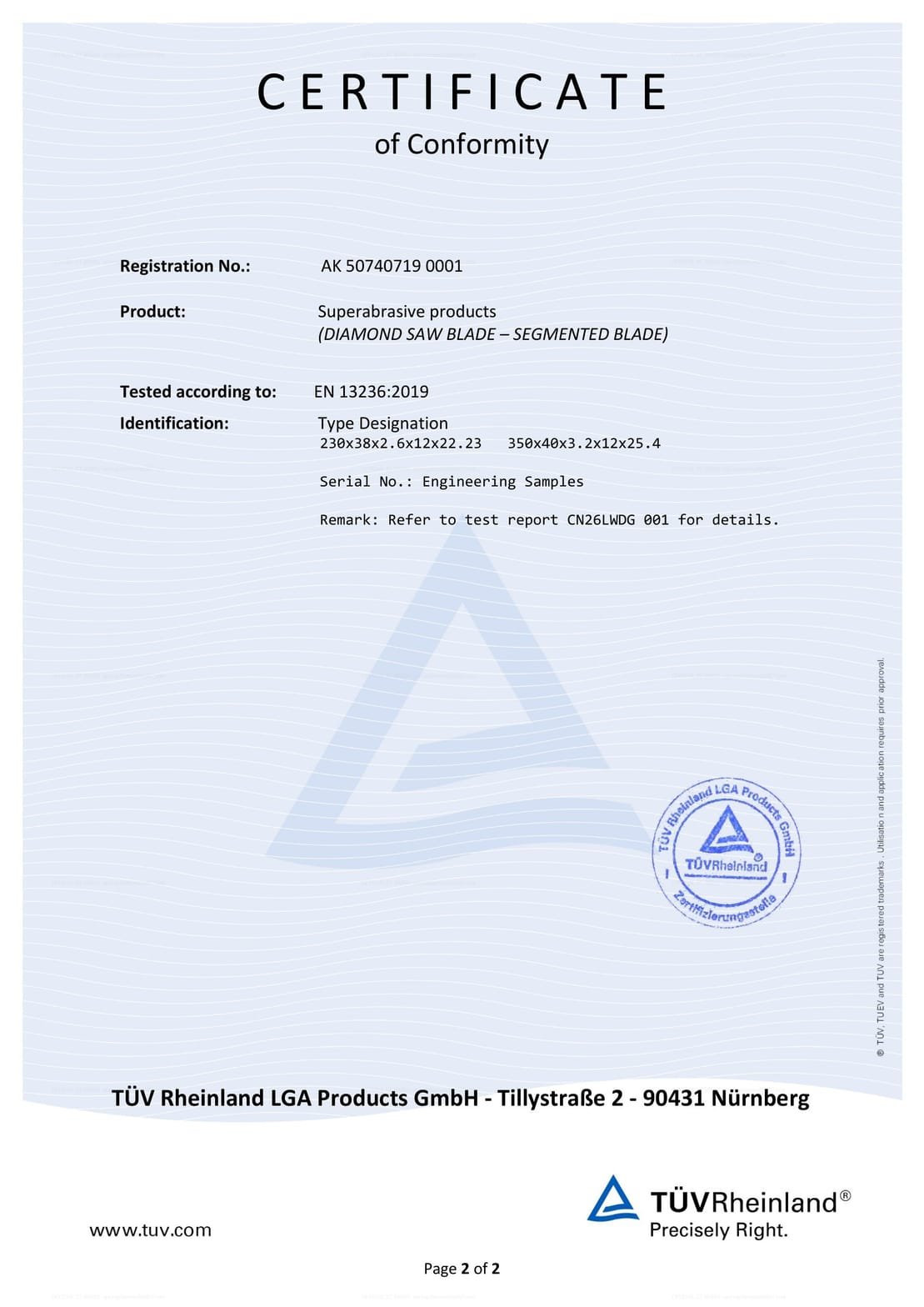 EN 13236 certificate of conformity page 2 - TUV Rheinland